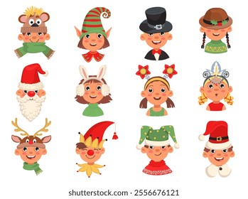 Cartoon heads with Christmas hats. Funny kids in winter party accessories. Boys or girls portraits in holiday headwear. Carnival costume. New Year masquerade. Santa cap