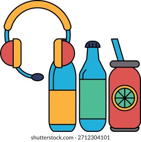 Ein Cartoon mit einem Headset, einer Flasche Bier und einer Tasse Saft. Der Cartoon soll humorvoll und unbeschwert sein
