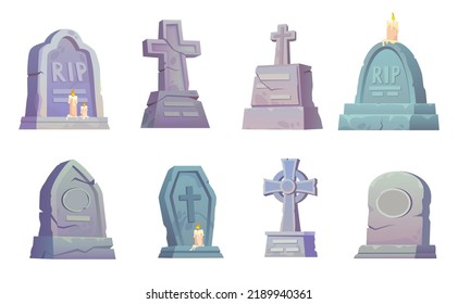 Cartoon headstones. Scary gravestones stone crosses, halloween ring grave crypt or old tombstone of graveyard, funeral elements rip cemetery, ingenious vector illustration of headstone graveyard set svg