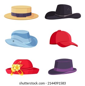 Cartoon Headwear. Beach Straw Hat, Fedora, Baseball Cap. Different Colorful Headgears For Man And Woman. Female And Male Summer Vintage Accessory, Retro Sun Hats Isolated Vector Set