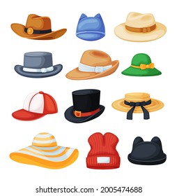 Cartoon headwear. Cowboy hat, fedora, beach sun hat, baseball cap, black cylinder. Different types of men and women stylish hats vector set. Male and female headgears for various events