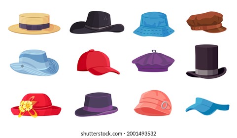 Vigas de caricatura. Sombreros de moda machos y hembras de verano, gorra, boina y cilindro. Vaquero y sombrero de paja. Conjunto vectorial de accesorios de ropa de época. Accesorio de cabeza de ilustración, desgaste de la tapa