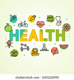 Cartoon Health Concept Card Poster Paper Art Design with Outline Icons Include of Heart, Apple, Dumbbell and Yoga. Vector illustration