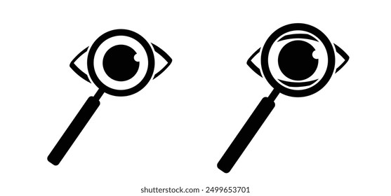 Cartoon health magnifier eye icon. Big eye on lens. Looking with magnifying glass, lens. Searching, finding, investigation concept. Search, explore tools. Search pictogram. look, see, and watch eyes.