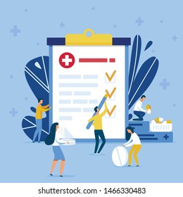 Cartoon Health Workers Characters Conducting New Innovative Medication Tests and Noting Results in Clipboard. Vector Huge Flat Medicine Check List. Insurance Document. Metaphor Illustration