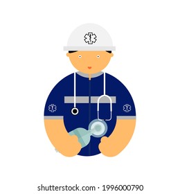 Cartoon of a healthcare provider holding a AMBU or bag-vale-mask on white background.