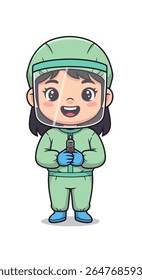 Trabalhador de saúde de desenho animado em terno de proteção segurando tubo de teste w