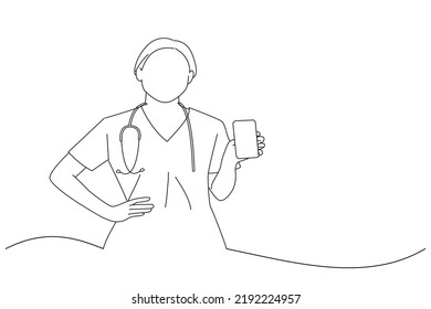 Cartoon Of Healthcare Workers And Online Medicine Doctor, Nurse In Scrubs Showing Smartphone Screen Showing Internet Appointment App. Line Art Style
