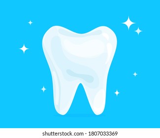 Cartoon healthy bright shining tooth. Concept of dental health care, cleaning teeth, whitening, caries prevention. Vector illustration of dental service