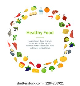 Cartoon Healthy Food Signs Color IBanner Card Circle Concept Flat Design Style Include of Vegetable and Fruit. Vector illustration