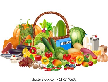 Cartoon healthy foods contains of fruits and vegetables, protein, carbohydrate and milk
