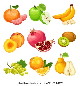 Cartoon healthy fruits set with apple orange banana pear peach pomegranate kiwi tangerine grapes bunch isolated vector illustration