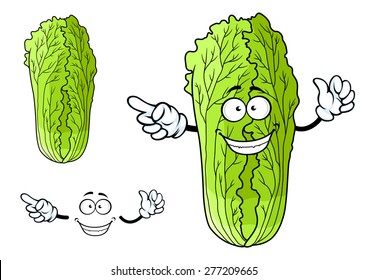 Cartoon healthy green leafy chinese cabbage character with happy face and little hands on a white background