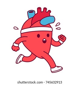 Cartoon healthy heart exercising, vector illustration. Cute heart character in sweatband and running shoes jogging and sweating.