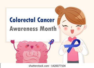 Cartoon Healthy Intestine And Doctor With Colorectal Cancer Awareness Month