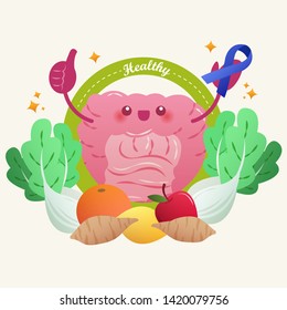 cartoon healthy intestine take blue ribbon with vegetable on yellow background