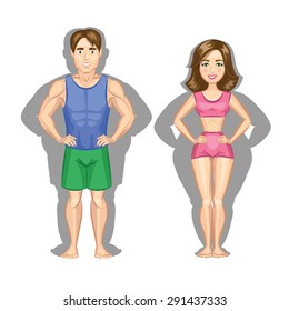 Cartoon healthy lifestyle illustration, weight loss concept. Woman and man