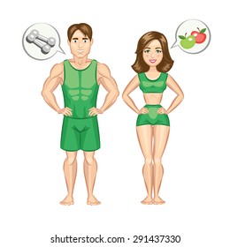 Cartoon healthy and sporty woman and man, weight loss concept. Vector illustration