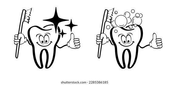 Cartoon healthy, tooth with gums and clean symbol. Vector drawing icon. Damage teeth or tooth with caries. Cracked tooth, mouth and dental, damaged. Strong enamel, disease. Molar. For brush day