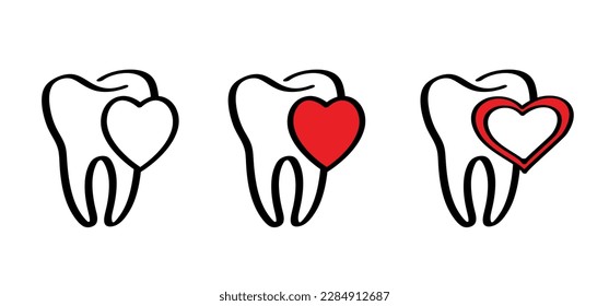 Cartoon healthy, tooth with gums, line pattern and love, heart. Vector drawing silhouette icon. Damage teeth or tooth with caries. Cracked tooth, mouth and dental, damaged. Strong enamel, disease.