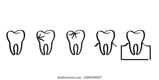 Cartoon healthy, tooth with gums. Molar line pattern. Vector drawing silhouette icon. Damage teeth or tooth with caries. Cracked tooth, mouth and dental, damaged. Strong enamel, disease.