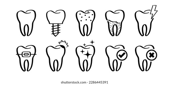 Cartoon healthy, tooth with gums. Molar line pattern. Vector drawing silhouette icon. Damage teeth or tooth with caries. Cracked tooth, mouth and dental, damaged. Strong enamel, disease.