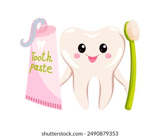 Cartoon healthy tooth with a tube of toothpaste and a toothbrush for pediatric dentistry. Cute dental character for advertising dental care and hygiene for children.