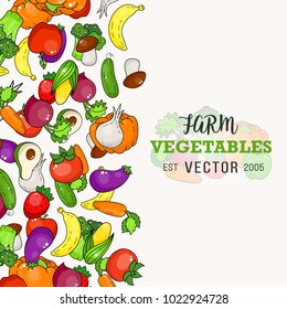 Cartoon healthy vegetable cover. Vegetable and fruits isolated on white background. Healthy vegetable doodle illustration. Carrot, tomato, broccoli. Pumpkin and carrot.