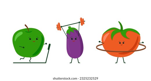Cartoon healthy vegetables isolated graphic vector illustrations . Cute Vegetable Characters with funny faces. Happy smiling healthy food set. Apple, eggplant, tomato