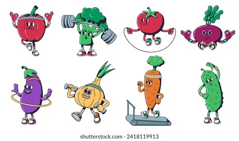 Caricatura de mascotas de verduras sanas. Personajes deportivos de verduras en actividades de fitness, peso de levantamiento de pimienta, brócoli con barbacoa, tomate sobre cuerda de salto vectores conjunto de dibujos de mascota saludable