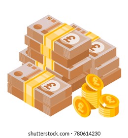 Cartoon heap of pound sterling. Big pile of english money. Money icon in isometric style. Money illustration of wealth and condition.