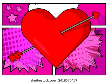 Cartoon Heart and Arrow explosion sign, comic book Valentine's Day background. Retro vector comics pop art design.