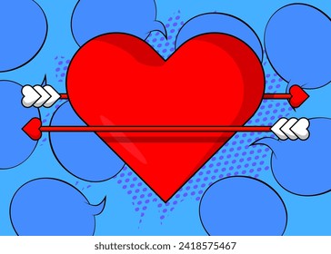 Cartoon Heart and Arrow explosion sign, comic book Valentine's Day background. Retro vector comics pop art design.