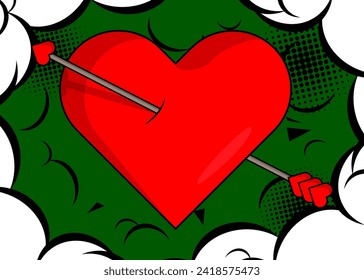 Cartoon Heart and Arrow explosion sign, comic book Valentine's Day background. Retro vector comics pop art design.