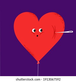 Cartoon heart ballon with the needle. Illustration about love and heartbreak for st. Valentine's Day