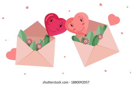 Cartoon Heart Balloon Couple In Different Envelope Decorated With Floral On White Background For Valentine's Day.