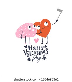 Cartoon Heart and Brain take selfie. Happy Valentines Day Design.