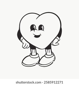 Cartoon heart character with arms and legs, smiling face, and big shoes. Heart character exudes friendliness and charm, with a playful and cheerful expression. Valentine's Day illustration vector.