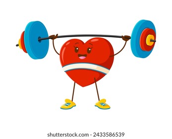 Cartoon heart character with barbell. Isolated vector red strong heart sportsman with a big smile and flexing arms, enthusiastically lifts a heavy weight above its head, showcasing strength and health