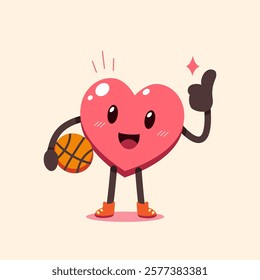 Cartoon heart character with basketball for design.