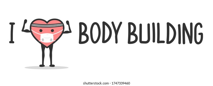 Cartoon heart character body builder.Vector illustration of sportive cartoon heart character.