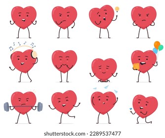 Cartoon heart character. Cute heart with hands, feet and emotions in different poses. Vector illustration