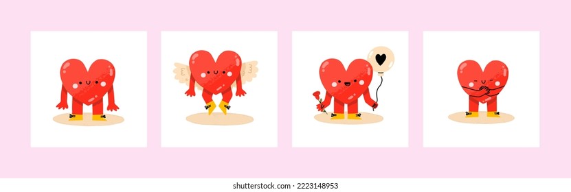 Cartoon heart character. Cute love symbols with faces different poses, hands and feet, february romantic holiday signs, funny positive emotions, internet emoji stickers emoticon vector set.