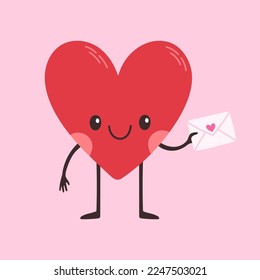 Cartoon heart character. Cute love symbol with face, hands and feet, emoji stickers emoticon vector