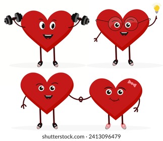 Cartoon heart character. Cute love symbols with faces different poses, hands and feet, February romantic holiday signs, funny positive emotions, internet emoji stickers emoticon
