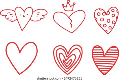 Cartoon heart character. Cute love symbols with faces different poses, hands and feet, february romantic holiday signs, funny positive emotions, internet emoji stickers emoticon vector set