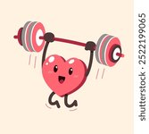 Cartoon heart character doing barbell weight training for design.