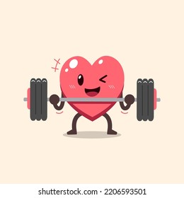 Cartoon heart character doing barbell weight training for design.