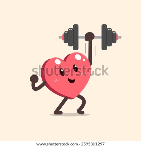 Cartoon heart character doing dumbbell weight training for design.