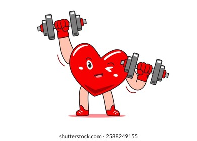 Cartoon heart character doing dumbbells weight training for design.